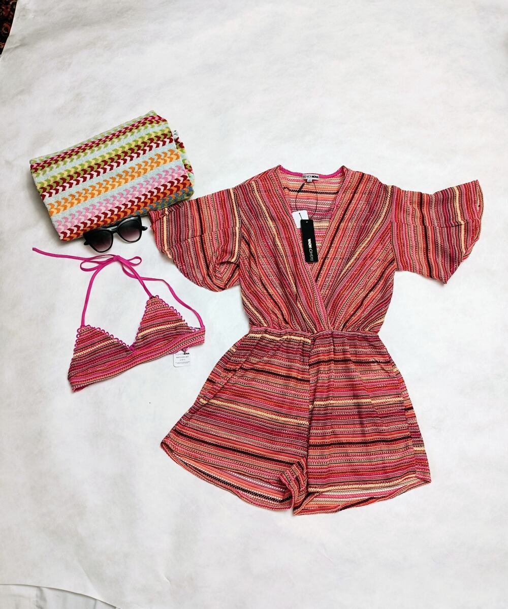 Fashion Nova - Boho Pink & Orange Crochet 'Costa Rica' Romper Set - Sz S - NWT